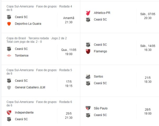 Ceará terá 8 jogos no calendário do mês de maio