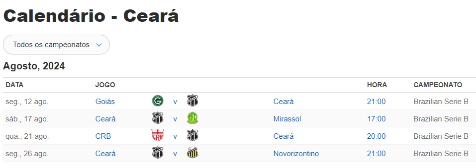 Calendário de jogos do Ceará na Série B