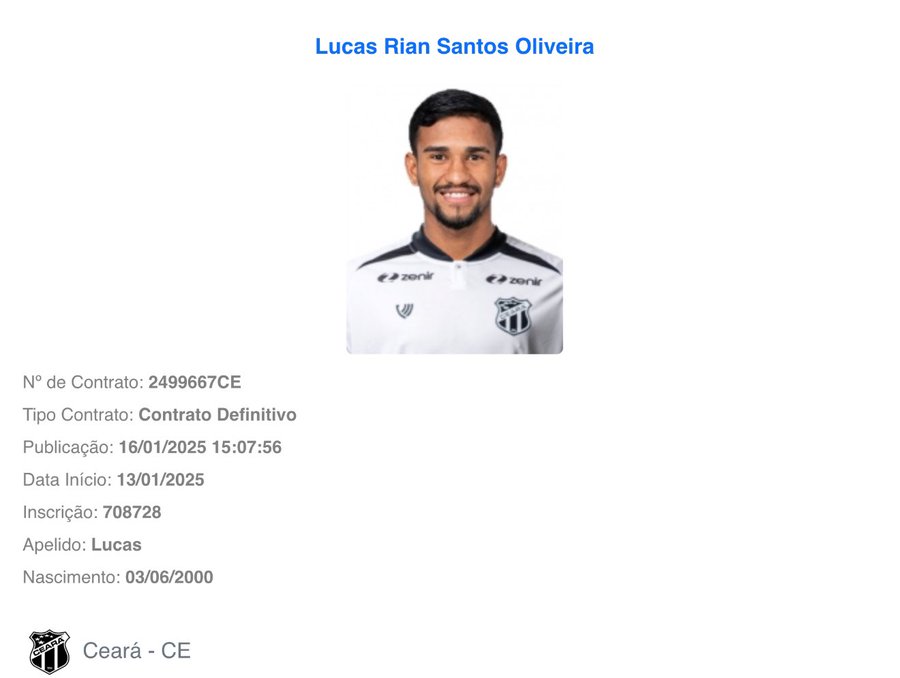 Lucas Rian regularizado no BID pelo Ceará